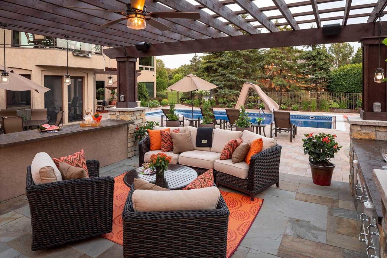 Outdoor living room luxury patio rooms backyard design pool suburban landscape pergola ceiling designs minneapolis paul st bluestone open
